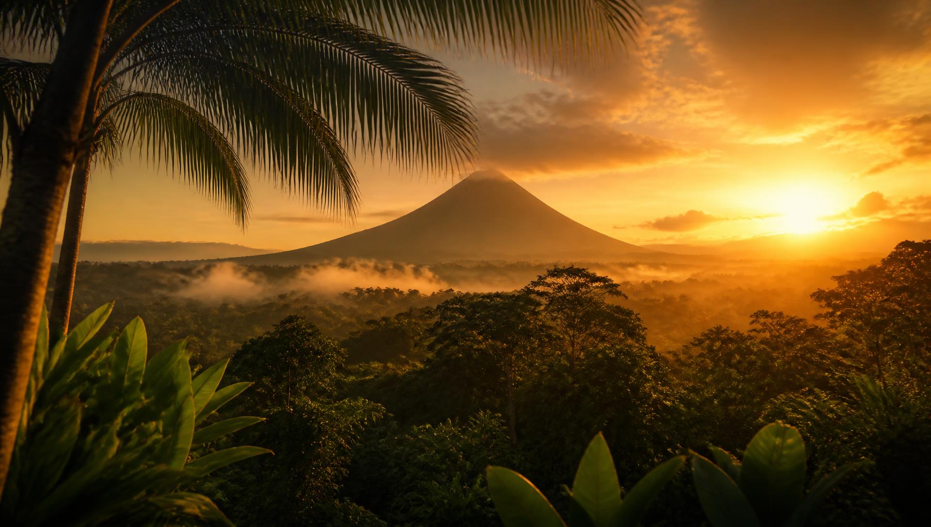 Arenal volcano rising over Costa Rican rainforest at sunset